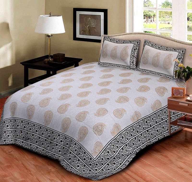 SOMYA GEMS 300 TC Cotton King Paisley Flat Bedsheet  (Pack of 1, White, Gold)