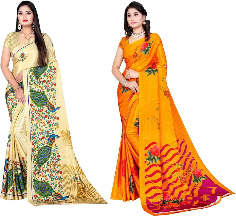 Printed Daily Wear Crepe Saree  (Pack of 2, Yellow, Orange)