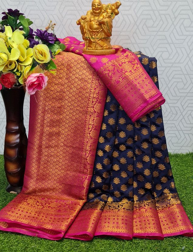 Woven Banarasi Silk Blend, Jacquard Saree  (Blue)