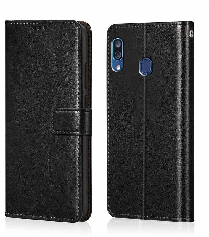 Bangdu Flip Cover for Samsung Galaxy A30 (Flexible | Leather Finish | Card Pockets Wallet & Stand )  (Black, Dual Protection, Pack of: 1)