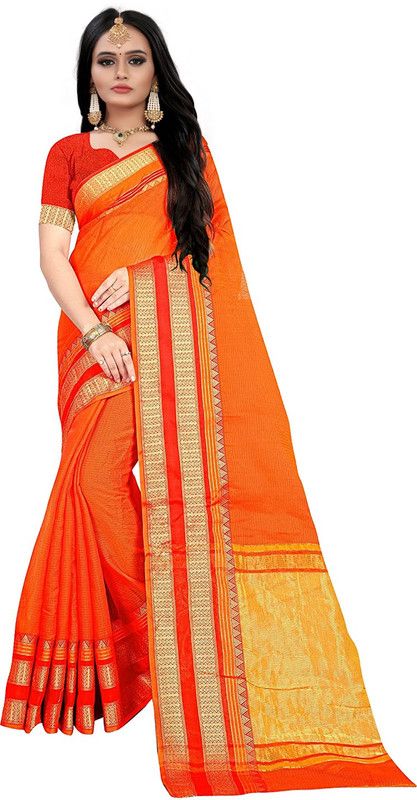 Solid Kota Doria Silk Blend Saree  (Orange)