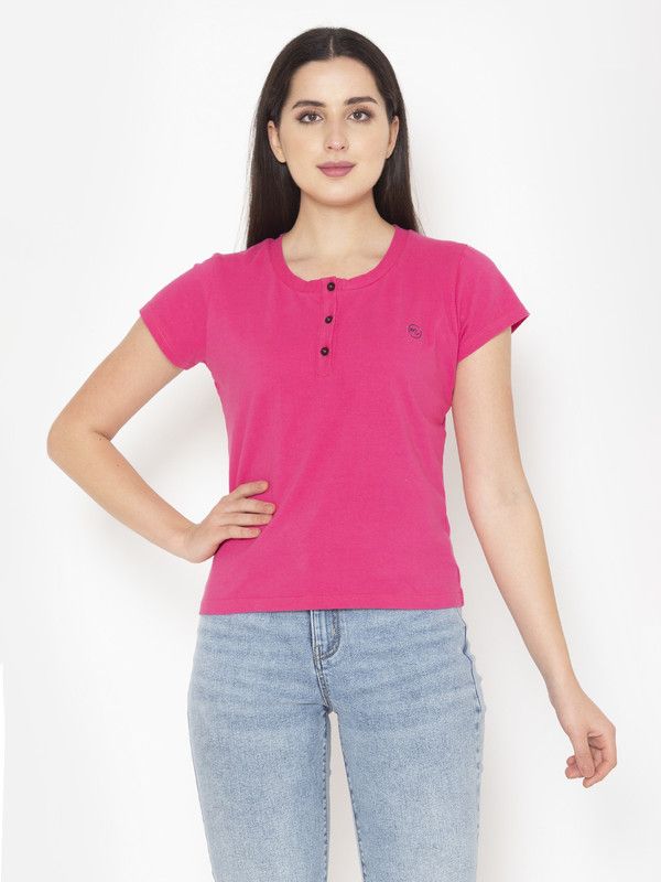 Women Solid Henley Neck Cotton Blend Pink T-Shirt