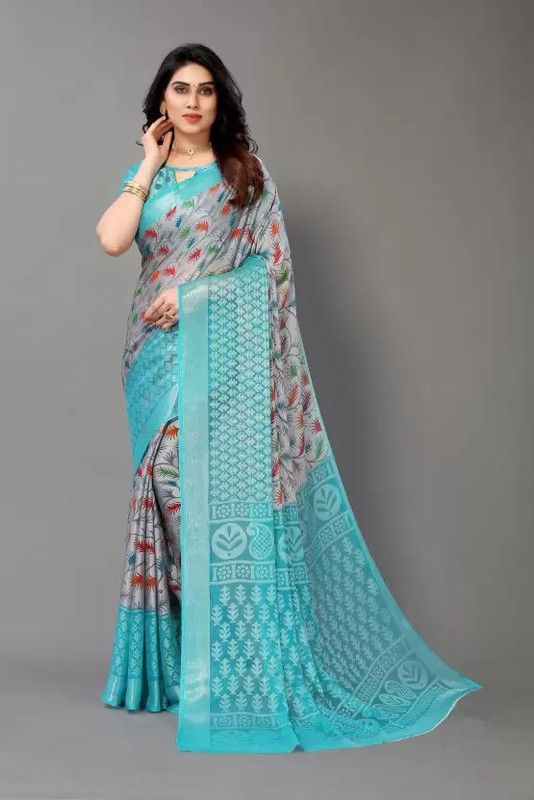 Printed Bollywood Brasso Saree  (Grey)