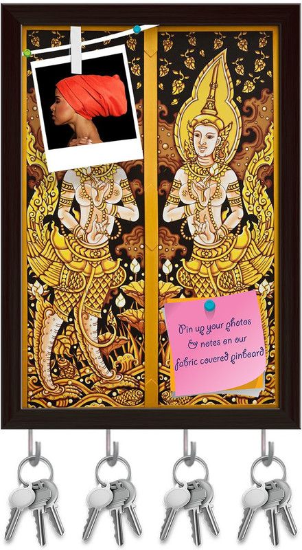 Artzfolio Thai Art Pinboard with Key Holder Hooks Dark Brown Frame 6x8.4inch (15x21cms) Cork Bulletin Board  (Multicolor 6 x 8.4 inch (15 x 21 cms))