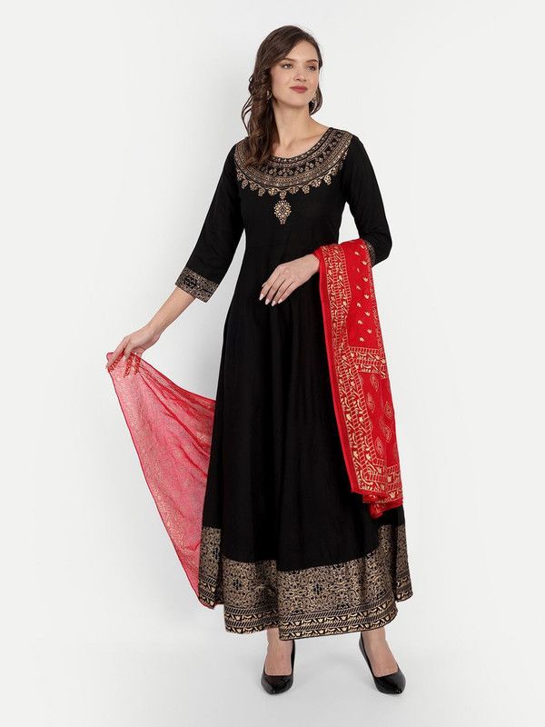 Self Design Cotton Rayon Stitched Straight Gown  (Black)