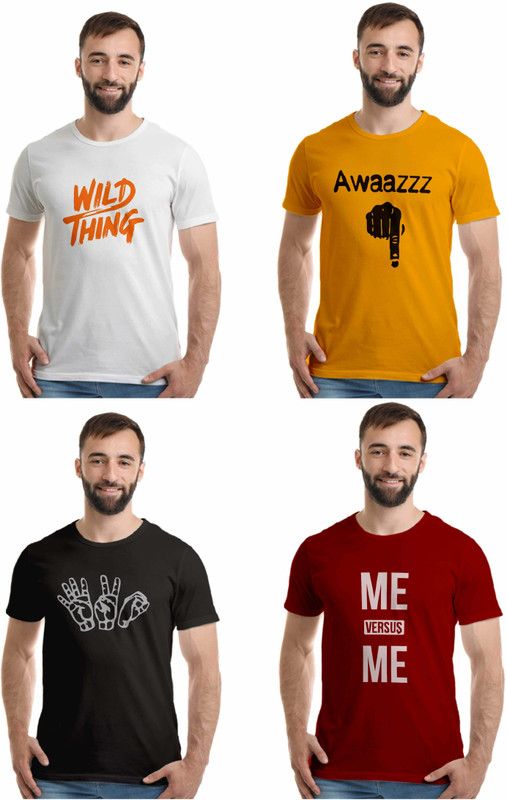 Pack of 4 Men Printed Round Neck Pure Cotton Black, Maroon, White, Gold T-Shirt