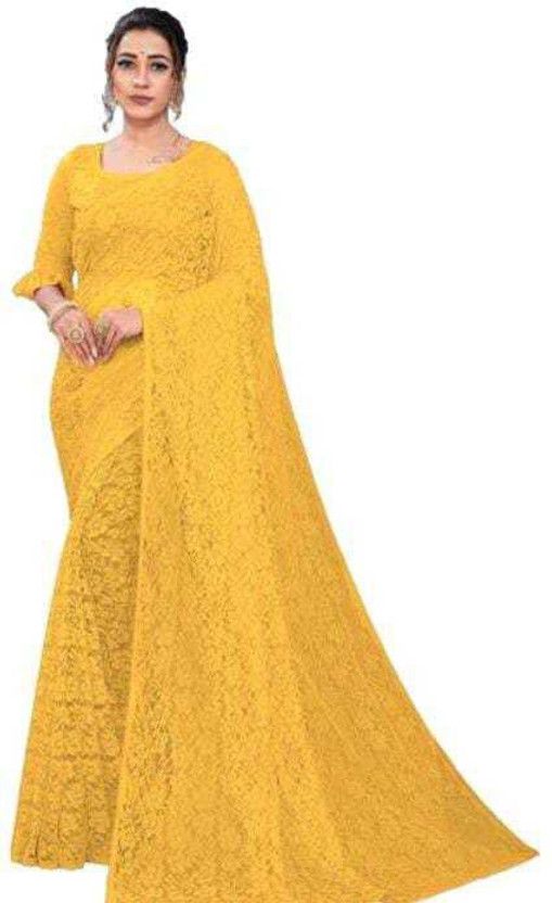Self Design Bollywood Net Saree  (Yellow)