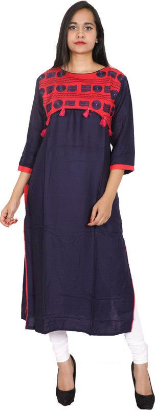 Women Embroidered Cotton Rayon Blend Straight Kurti  (Blue)