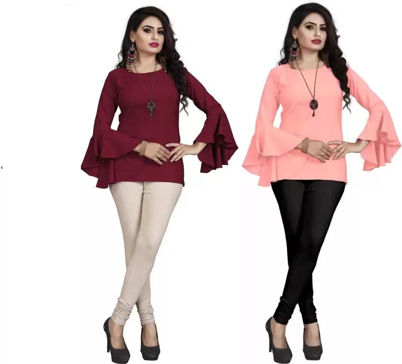 Pack of 2 Casual Butterfly Sleeves Solid, Self Design Women Maroon, Pink Top