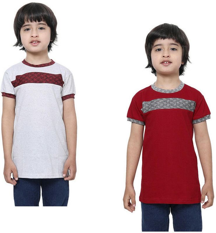 Boys Self Design Pure Cotton T Shirt  (Multicolor, Pack of 2)