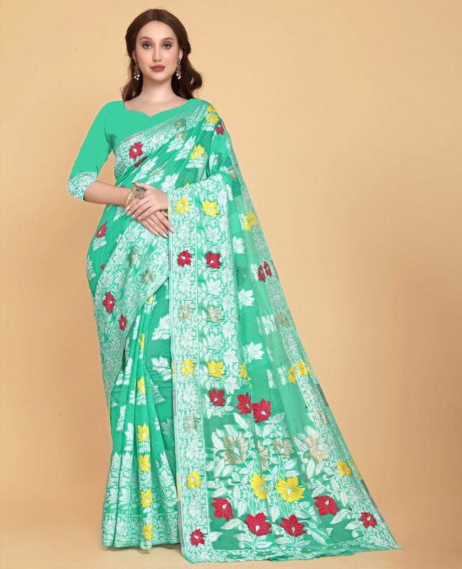 Geometric Print Jamdani Pure Cotton Saree  (Green)