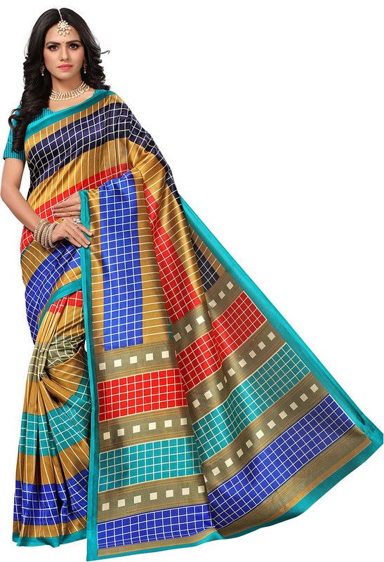 Checkered Daily Wear Silk Blend, Art Silk Saree  (Light Blue)