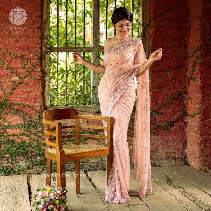 Embroidered Bollywood Supernet Saree  (Pink)