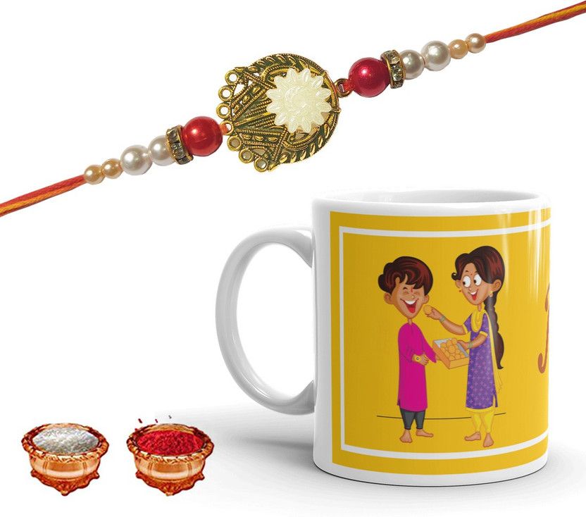 Rakhimug-8-P2 Rakhi, Mug, Chawal Roli Pack Set  (1 Rakhi , 1 Mug , 1 Chawal Roli)