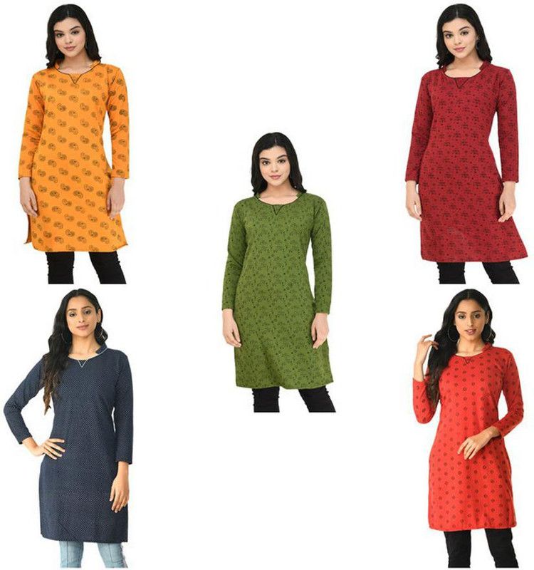 Pack of 5 Women Floral Print Wool A-line Kurta  (Dark Blue, Red, Yellow)