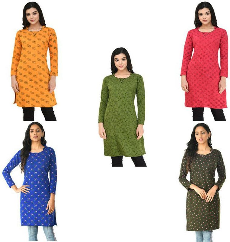 Pack of 5 Women Floral Print Wool A-line Kurta  (Dark Green, Blue, Yellow)