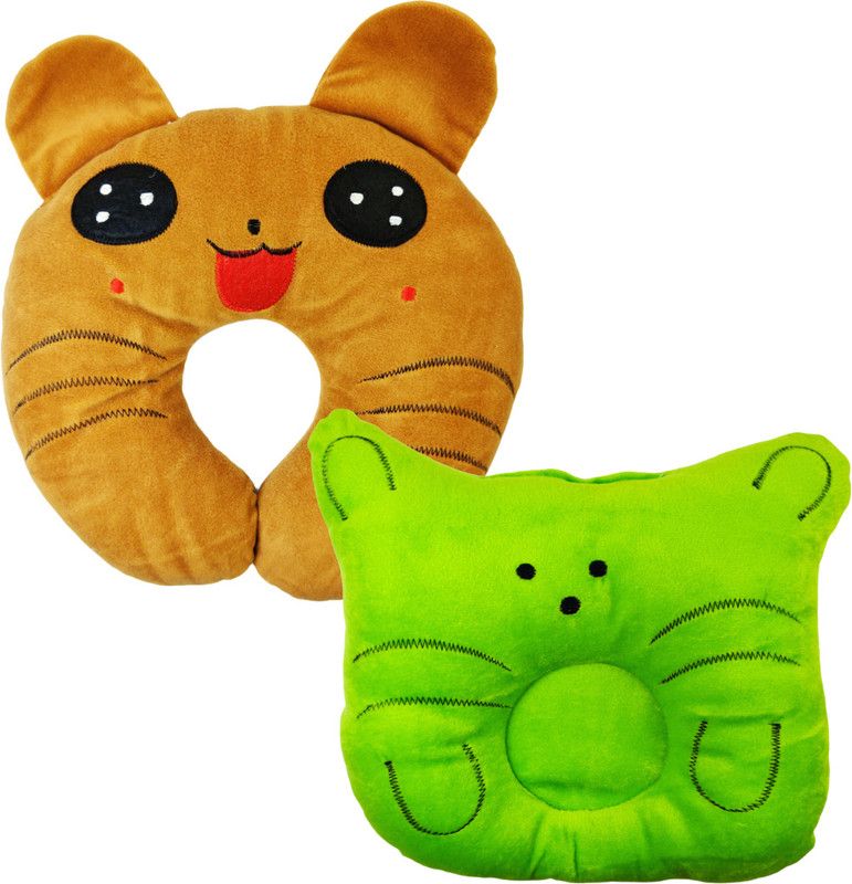 Kotton Candy Velvet Fabric Soft Neck\ Head Support Polyester Fibre Toons & Characters Baby Pillow Pack of 2  (Brown & Light Green)