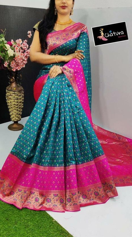 Woven Banarasi Pure Silk Saree  (Magenta, Green)