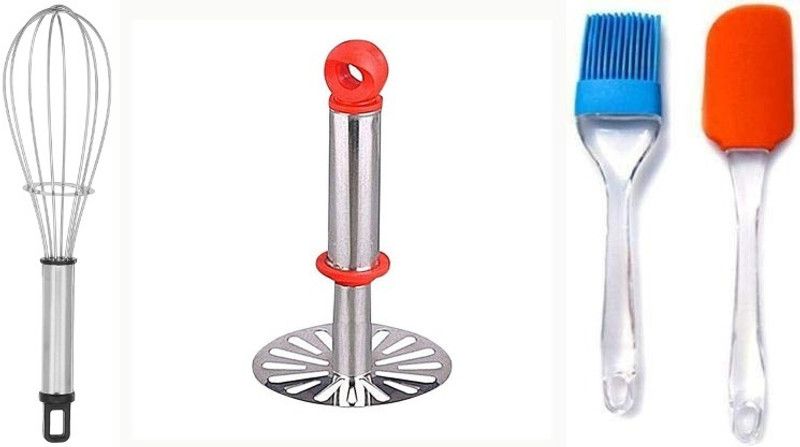 Kitchen Tools Combo Of Whisk Stainless Steel Masher Spatula (Pack Of 3) Kitchen Tool Set  (Multicolor)