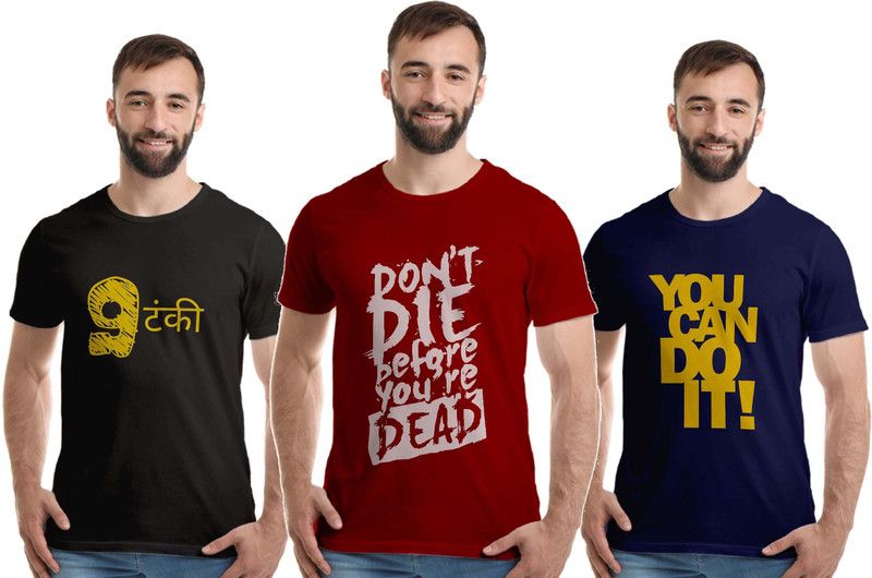Pack of 3 Men Printed Round Neck Pure Cotton Dark Blue, Maroon, Black T-Shirt