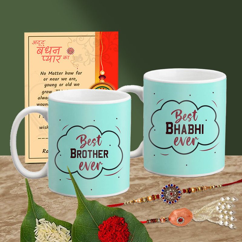 Mug Set  (2 Printed Coffee Mug with 2 Rakhi, Greeting Card, Roli, chawal)