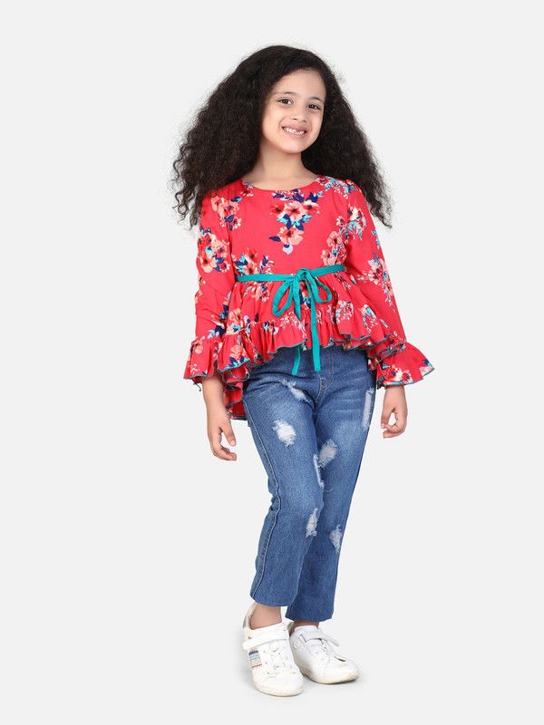 Girls Casual Polyester Full Sleeve Top  (Red, Pack of 1)