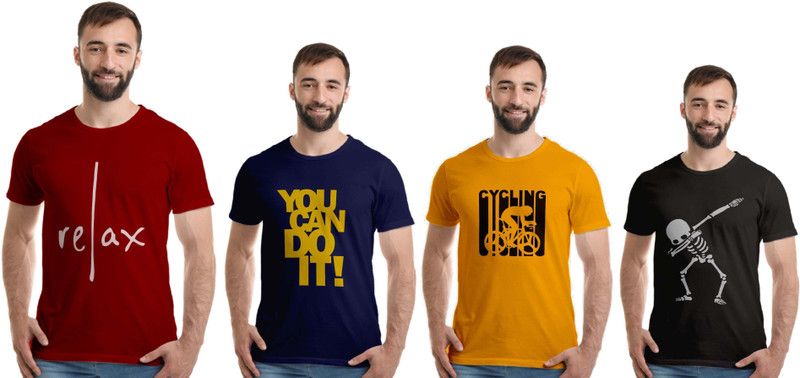 Pack of 4 Men Printed Round Neck Pure Cotton Dark Blue, Gold, Maroon, Black T-Shirt