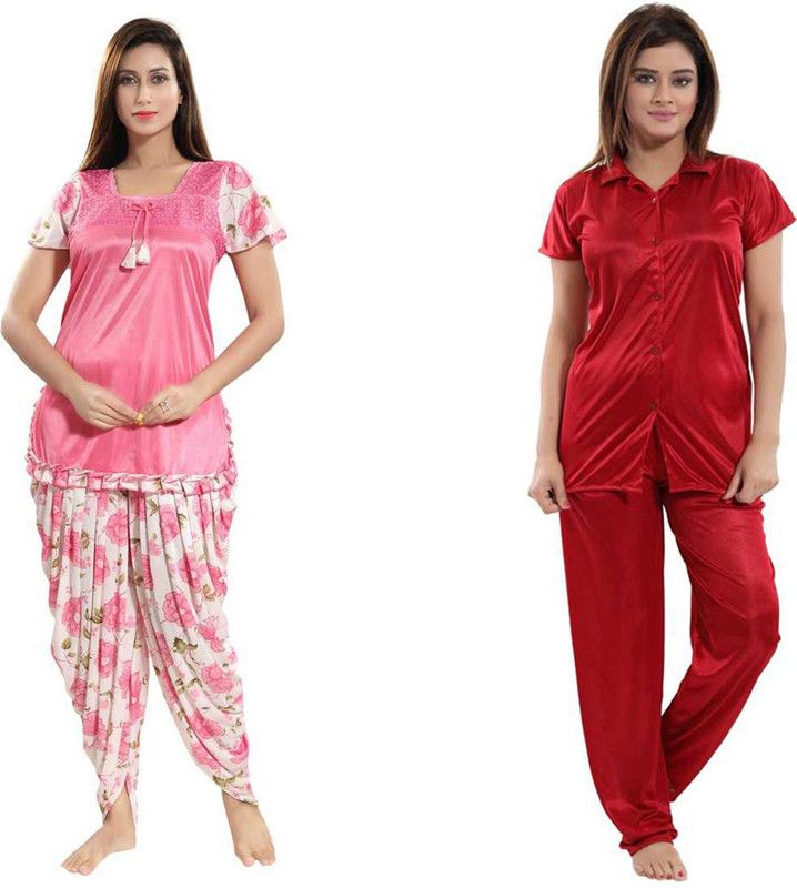 Women Top & Pyjama Set Pink, Red Solid, Printed