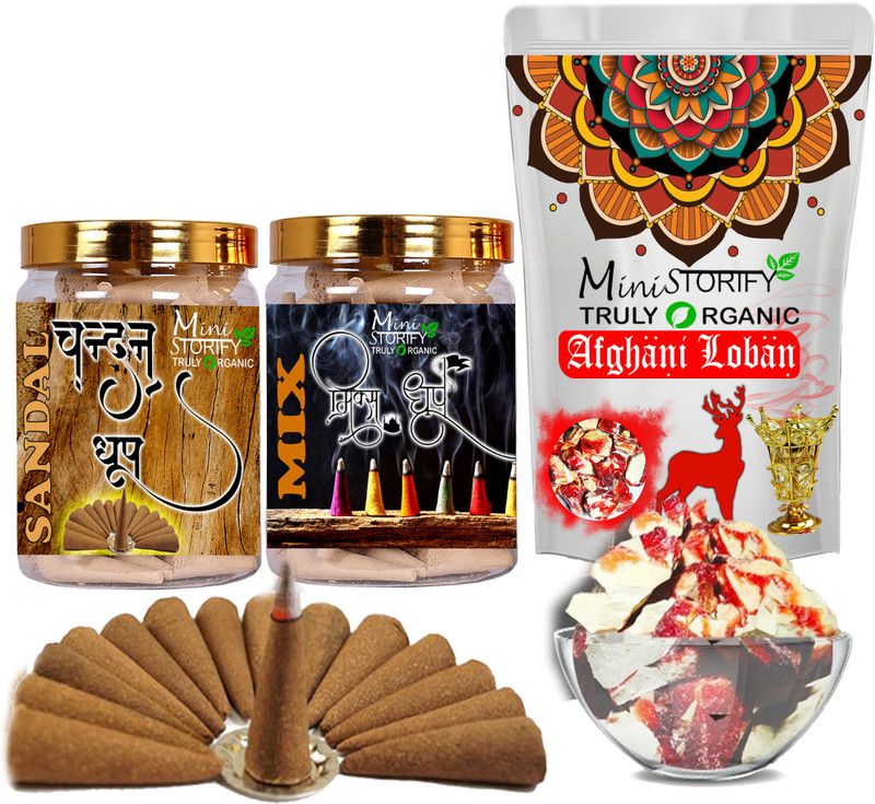 Mini Storify Truly Organic Red loban150gm,Sandle dhoop Cone 70pcs,Mix dhoop Cone 70pcs (Pack of 3) Dhoop  (Pack of 3)