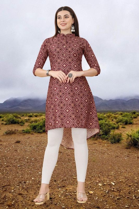 Women Self Design Crepe Flared Kurta  (Maroon)
