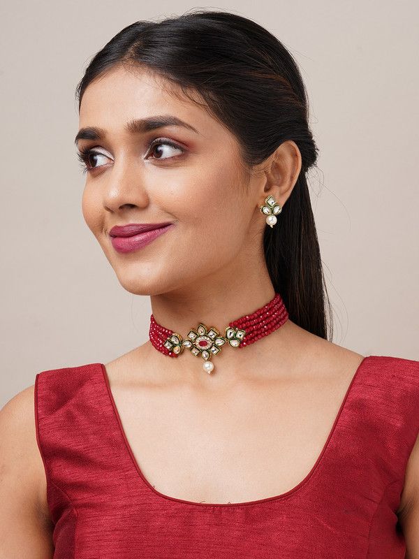 Oxidised Silver Jewel Set  (Red)