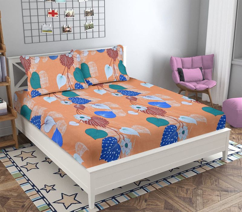 140 TC Microfiber Double Floral Bedsheet  (Pack of 1, Peach)