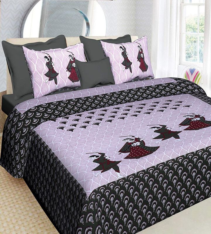 EarlyMart 144 TC Cotton Double Jaipuri Prints Flat Bedsheet  (Pack of 1, Grey)