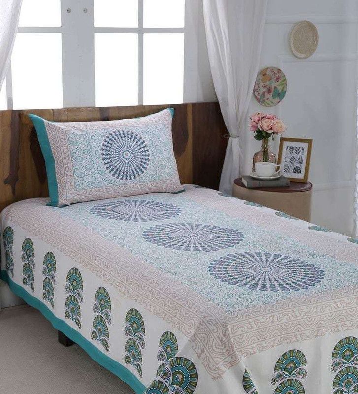 Rangun 144 TC Cotton Single Printed Fitted & Flat Bedsheet  (Pack of 1, C- green)