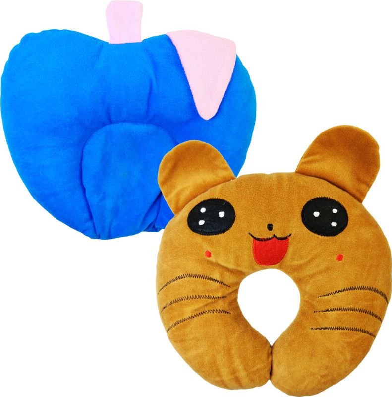 Kotton Candy Velvet Fabric Soft Neck\ Head Support Polyester Fibre Toons & Characters, Solid Baby Pillow Pack of 2  (Blue & Brown)