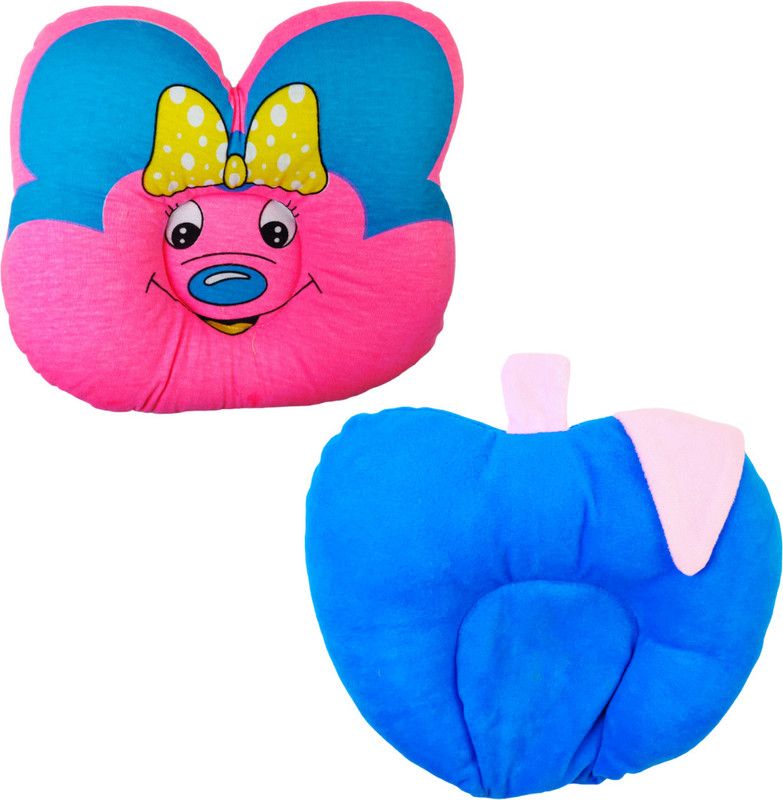 Kotton Candy Velvet Fabric Soft Neck\ Head Support Polyester Fibre Toons & Characters, Solid Baby Pillow Pack of 2  (Blue, Baby Pink & Blue)