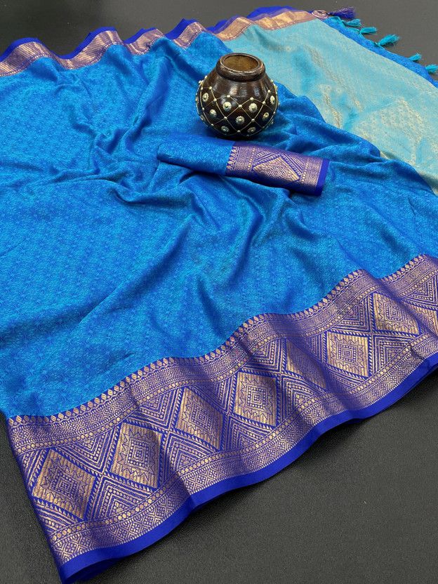 Temple Border Kanjivaram Jacquard Saree  (Blue)