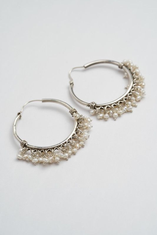 SILVER EARRING Pearl Silver Hoop Earring