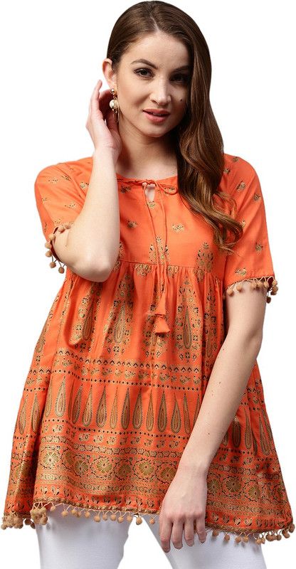 Women Floral Print Pure Cotton A-line Kurti  (Orange)