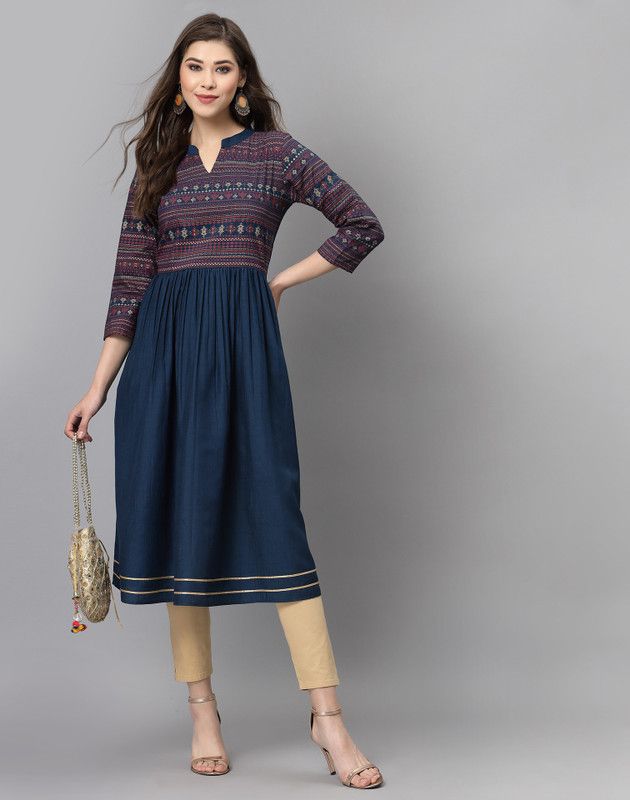 Women Printed, Geometric Print, Embellished Silk Blend Flared Kurta  (Dark Blue, Maroon)