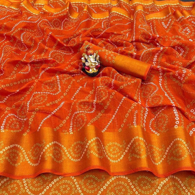Bandhani Cotton Silk Saree  (Orange)