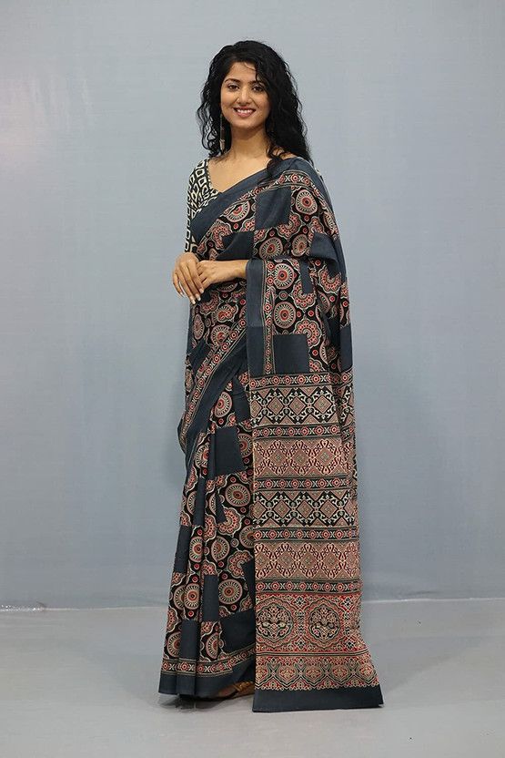 Printed Daily Wear Pure Cotton Saree  (Black, Brown)