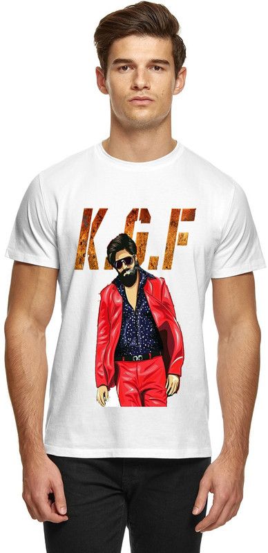 KGF t shirt Men Printed Round Neck Polyester White T-Shirt