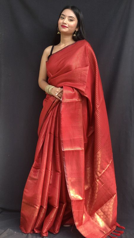 Striped Kanjivaram Silk Blend Saree  (Red)