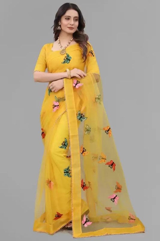 Embroidered Daily Wear Net Saree  (Yellow)
