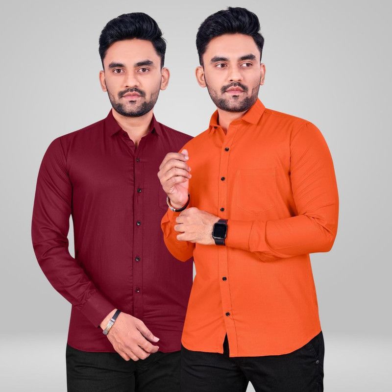 Men Solid Casual Orange Shirt  (Pack of 2)