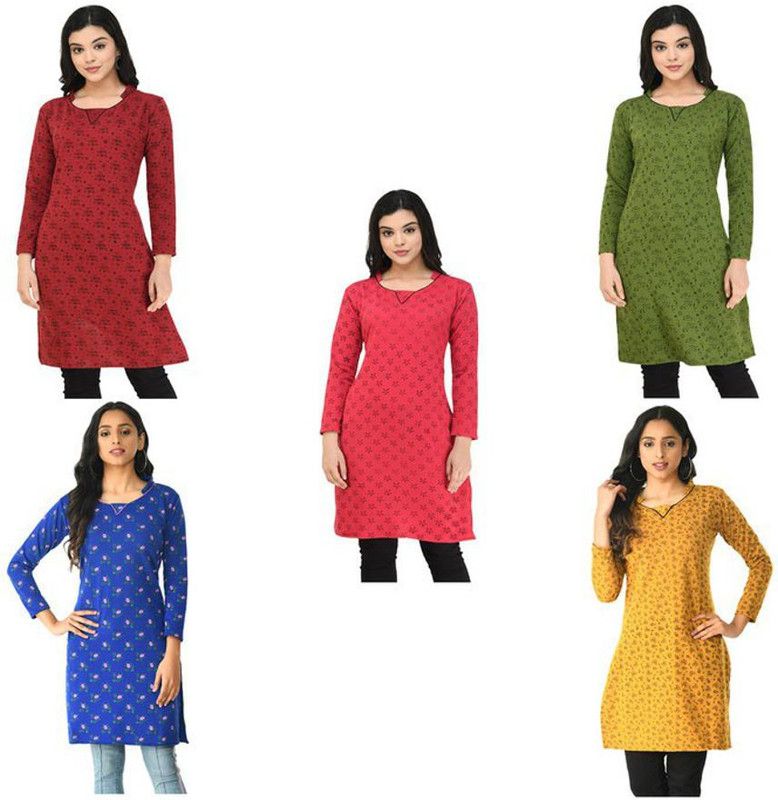Pack of 5 Women Floral Print Wool A-line Kurta  (Maroon, Blue, Orange)
