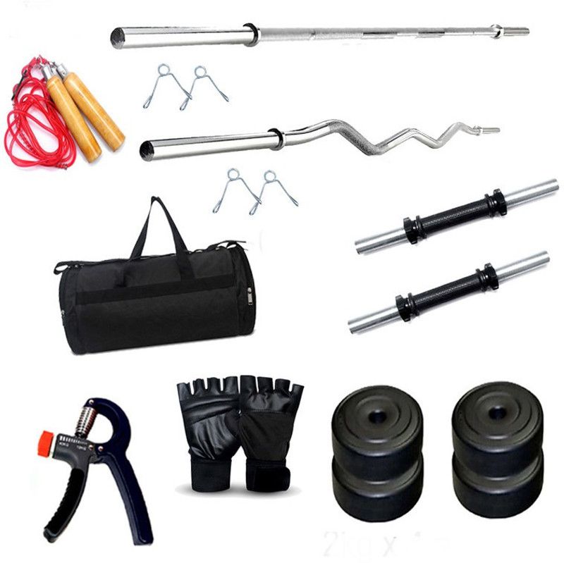 RIO PORT {8kg pvc weight} 2 x 4 = 8kg, 1 x 3 feet curl rod, 1 x 3 plan rod, 2 x 14 inch dumbbell rod, gloves, skiping rope wooden, gym bag, hand pvc gripHome Gym Kit, Weight Plates, Fitness Exercise Set Dumbbell Kit Kit