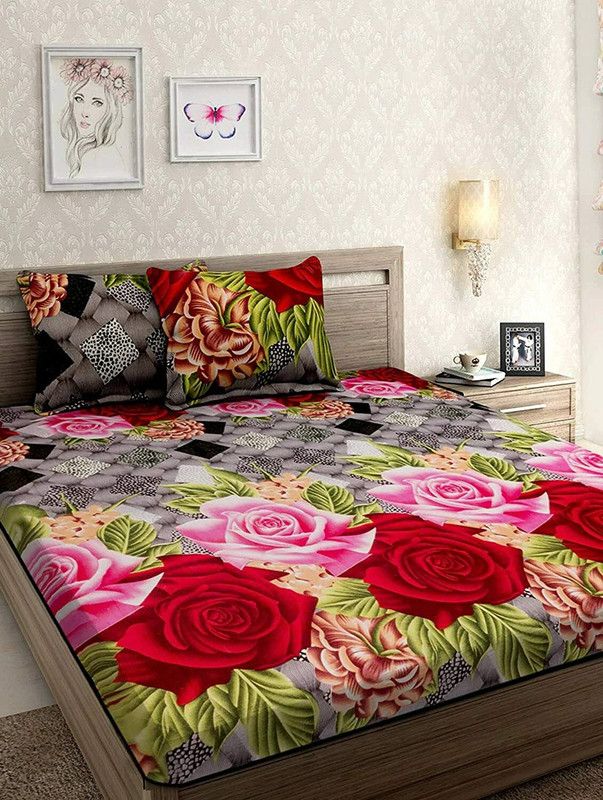 140 TC Microfiber Double Floral Bedsheet  (Pack of 1, Grey)