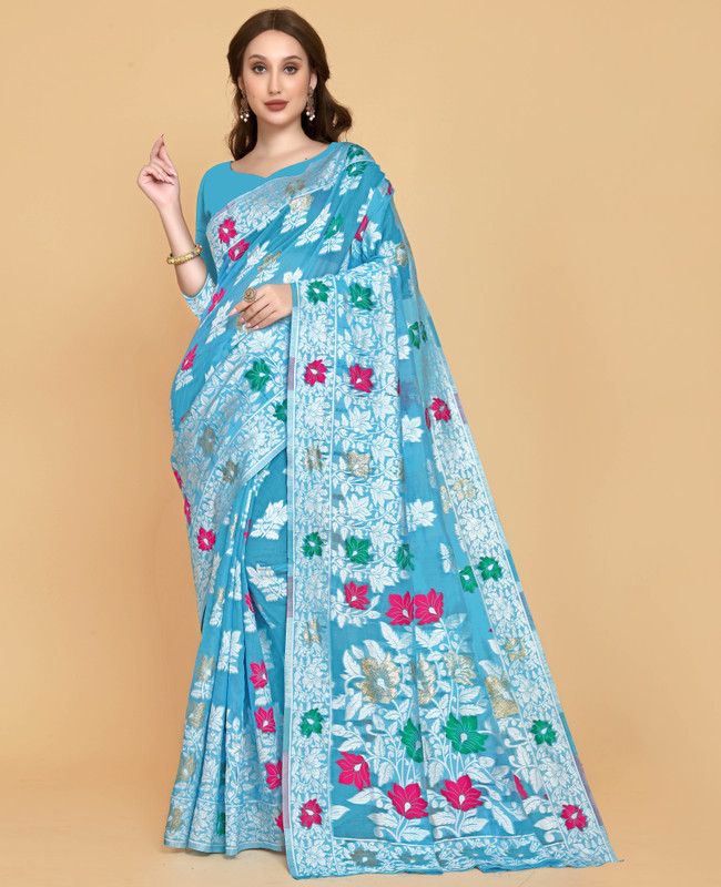 Geometric Print Jamdani Pure Cotton Saree  (Light Blue)